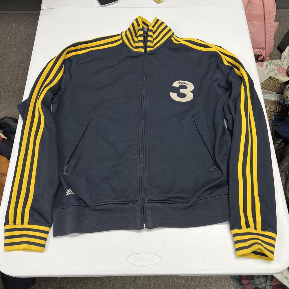 Adidas Track Jacket Mens L Navy Yellow 3 Stripe Full Zip Trefoil Logo Vintage